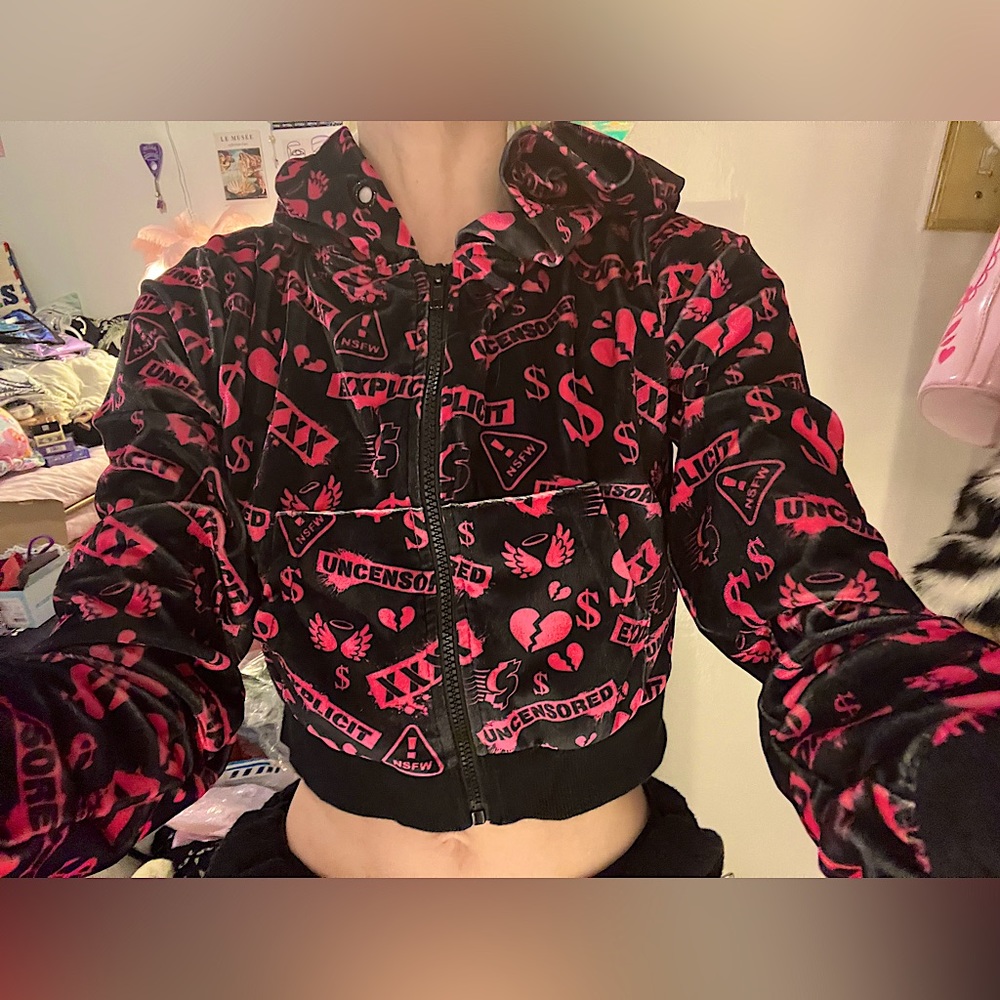 Club Exx Exxxplicit Graphics Print Hooded Velour Cropped Track Jacket Ho…